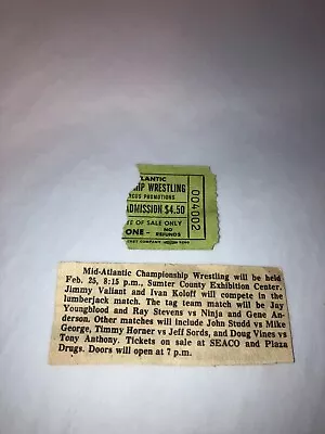 Original 1980's NWA Mid-Atlantic Wrestling Ticket Stub W/ Newspaper Clipping WWE • $29.99