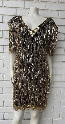 VTG 80s Glam Rock Prom Dress Shimmer Sequin 100% Silk  “Shark Tooth” Club Size L • $125