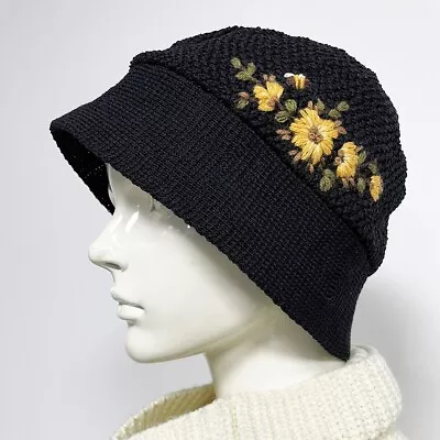 Vintage Hand-Embroidered Bee & Floral Bucket Hat • $40