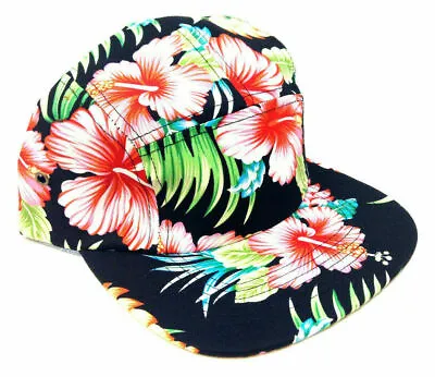 Black 5 Panel Camper Floral Print Strapback Hat Cap Adjustable Hawaiian Flower • $13.95