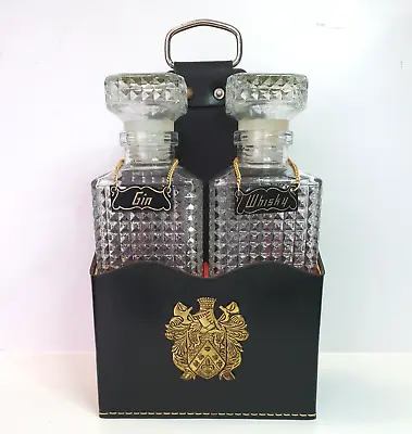 Vintage Crown Corning Whisky & Gin Decanter Set Black Faux Leather Carry Case • $39.90