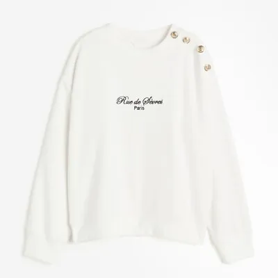 NWT H&M Size M Paris Crew Sweatshirt Gold Button Shoulder Pullover Sweater • $30.99