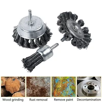 3Pcs Rotary Steel Wire Brush Drill Attachment Cup Wheel Set Tool Rust Removal • $18.34