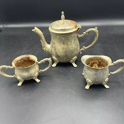 Vintage Unbranded Lot Of 3 Teapot Sugar And Creamer Footed Metal Table Decor • $26.99