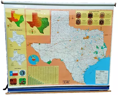 Vintage Cram Pulldown Hanging Retractable School 3 Maps - Texas USA & World • $299.99