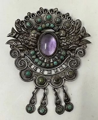 VTG MATL Matilde Poulat Salas Mexican Silver Amethyst Turquoise Brooch Pendant • $425