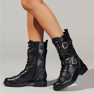 Seven7 Studded Buckle Strap Combat Boots Vegan Leather High Boots Lugged-Sole • $99