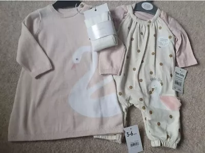 Baby Girl BNWT Mothercare Dungarees Dress Set Outfit Newborn Bodysuit Swan • £10.99