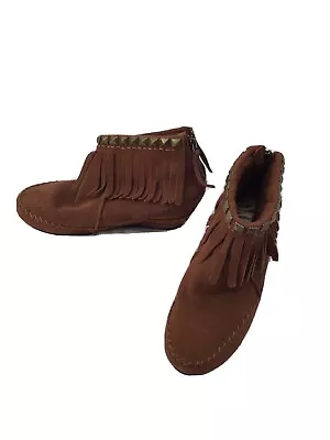 Skechers SKCH+ 3 Boots Fringed Wedge Heel Leather Rust Suede Side ZIpper Size 6 • $8.75