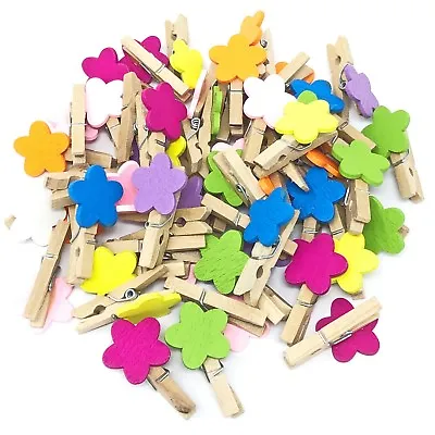 30mm Mini Clothes Pegs With 16mm Wood Flowers Craft Shabby Chic Wedding Decor • £3.29