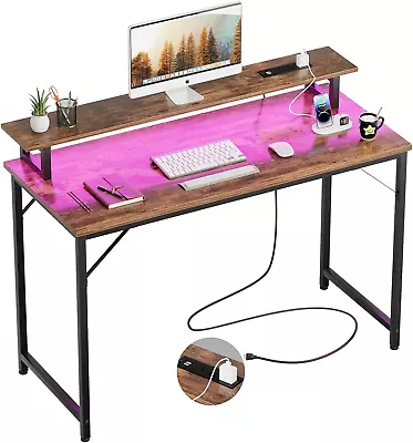 47  Computer Desk With Power Outlets LED Lights Monitor Shelf Rustic Brown • $116.47