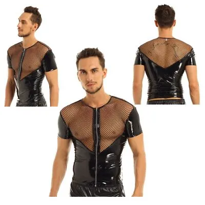 Men's Shiny PVC Leather Fishnet T-Shirts Short Sleeve Zipper Front Tops Clubwear • £6.43