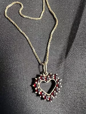 Antique Gilt 900 Sterling Silver Bohemian Garnet  Heart Cluster Pendant Necklace • $68