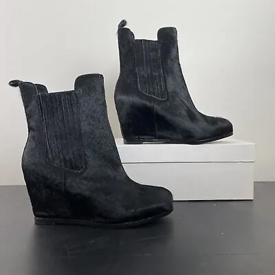 MATIKO Boots Womens 8 Shoe Black Leather Wedge Ankle Slip On Bootie Faux Fur • $16