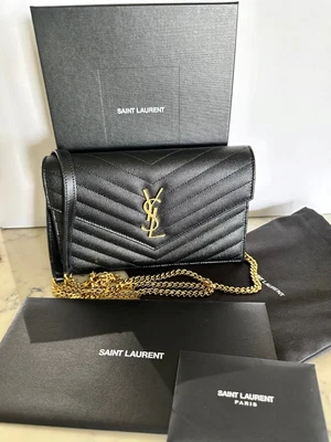 $1199 • Buy Saint Laurent YSL Monogram Envelope Chain Wallet On Gold Chain Grained Leather 