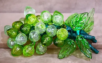 Art Glass Green Clear Grape Cluster Leaves Hand Blown Murano Style 8” Vintage • $29.99