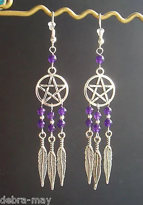 Amethyst Bead Pentagram Dreamcatcher Dangly Feather Charm Earrings - Wicca • £5.95