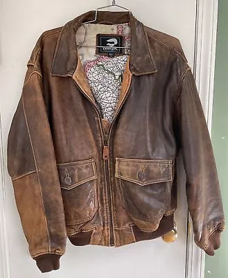 TIGER FOX Distressed Brown Leather BOMBER Jacket Flight Jacket Vintage Mens L • $49.99