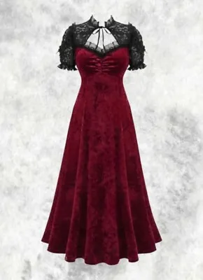 New Gothic Wine Red Velvet & Black Lace Collar Long Maxi Dress Size 2XL 20 22 24 • £39.99