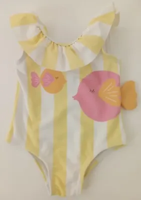 Baby's M&S One Piece Swimsuit Yellow White Striped Fish Pattern Ruffle NWOT F1 • £7.99