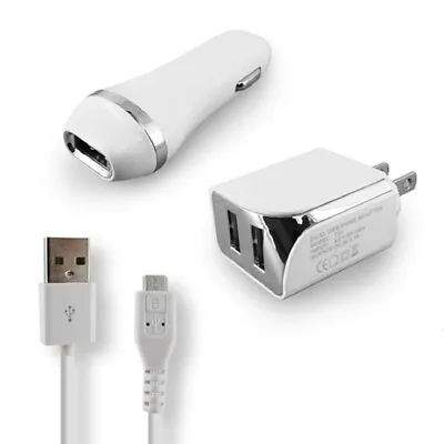 White Color 2.1A Car Charger Adapter + Wall Travel Charger + USB Data Cord Cable • $12.20
