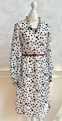 Vintage 1950's HF COUTURE White Polka Dot Ruffle Romance Swing Tea Dress 10/12 • £38