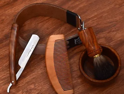 Barber Shaving Kit Set Straight Razor Shaving Brush Strop Wooden Box Father Gift • $34.71