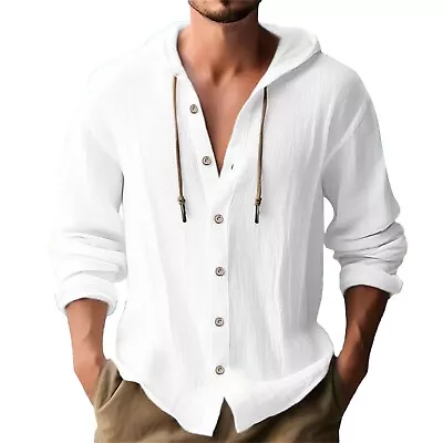 Men's Shirt Cotton Casual Linen Button Solid Color Hooded Long Sleeved T-Shirt • $24.02