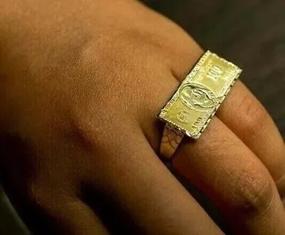 Men's Hundred Dollar Bill Money 2 Finger Ring 14K Yellow Gold Plated 925 Silver • $156