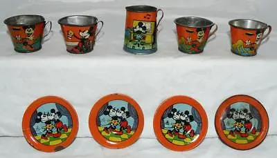 DISNEY1930's MICKEY'S HELPMATE TIN LITHOGRAPHED 9 PIECE TEA SET-ORANGE VERSION • $59.99