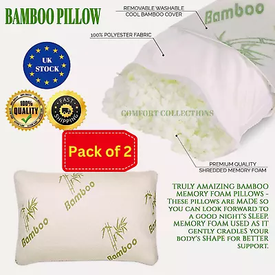 2x Memory Foam Bamboo Bed Pillow Orthopaedic Neck Back Support Hypoallergenic • £18.99