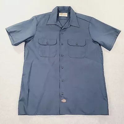 Vintage Dickies Large Work Shirt Short Sleeve Button Up Navy Blue Made In USA  • $17.99