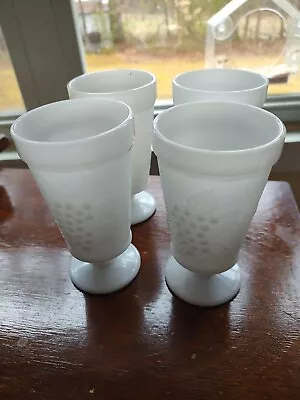 Vtg. Milk Glass Grape Vine Panel Pedestal Footed Tumblers Set Of 4 • $15