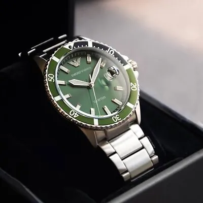 New Emporio Armani Diver Ar11338 Stainless Steel Silver Green Tone Mens Watch • £89.49