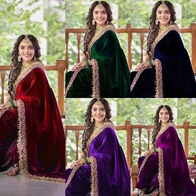 New Indian Ethnic Wear Velvet Women Wedding Fancy Sari Party Wear Saree Blouse • £44.53