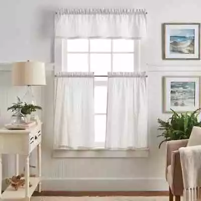 Martha Stewart 3 Piece Stripe White Gray Window Treatments Valance & Two Tiers • $16.99