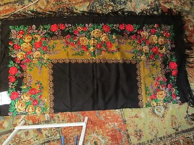 RUSSIAN BLACK FLORAL RAYON Cotton PIANO SHAWL 60  New Vintage • $40