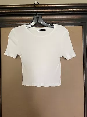 Zara White Cotton Short Sleeve Crewneck Rib Crop Top Size S • $8