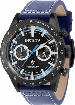 Invicta Vintage Black Case 37083 Quartz 44Mm Blue Leather Chrono Men's Watch • $95.45