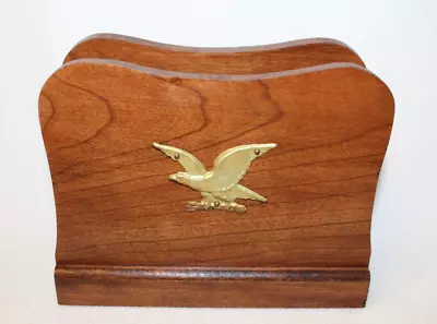 Mid-century Solid Wood Napkin / Letter Holder & Brass Eagle Emblem Handmade • $9.99