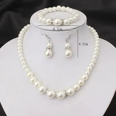 Pearl Necklace Earring Bracelet Set Sparkling Silver Crystal Rhinestones Women • £5.69