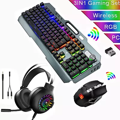 Wireless Gaming Keyboard And Mouse Headset Set RGB Backlit Recharge 104 Keys PC • $92.39