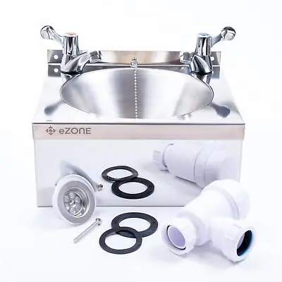 Commercial Stainless Steel Hand Wash Basin Sink With Lever Taps Waste Plug Trap • £69.99