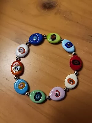 Studio Murano Millefiori Evil Eye Glass Bracelet Elastic Stretchy Handmade Art • $14.99