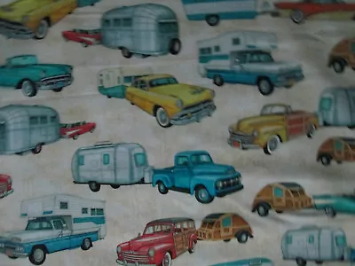 Retro Cars Trailers Campers Rvs Trucks Woody Cream Beige Cotton Fabric Fq  • $3.76