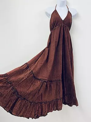 Cotton Dress Long Burgundy Boho Vintage Gypsy Maxi Summer Indian One Size Brown • $43.56
