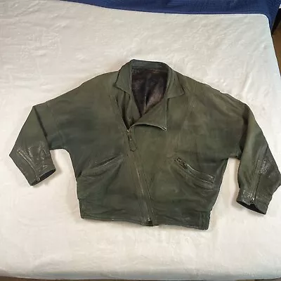 Vintage Tabacci Green Leather Moto Jacket Mens Size Large Made In Italy • $65