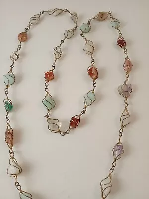 Vintage Mixed Semi Precious Stone Gold Wire Wrapped Necklace 30  • $11.99