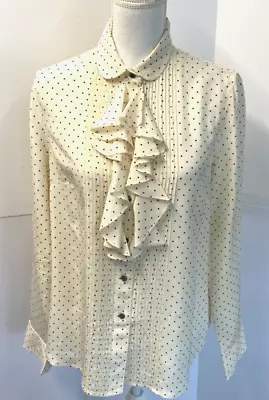 J Crew Blouse 100% Silk Size 8 Peter Pan Collar Cream W/Tiny Black Dots Ruffle • $40