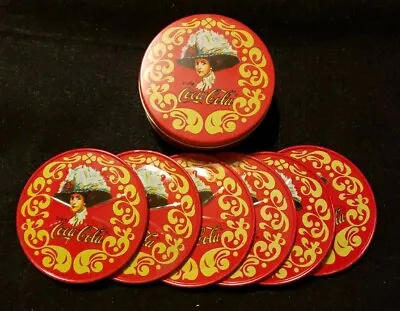 Vintage Coca Cola Old Fashioned Lady Tin And 6 Coasters Set Red & Yellow • $8.99